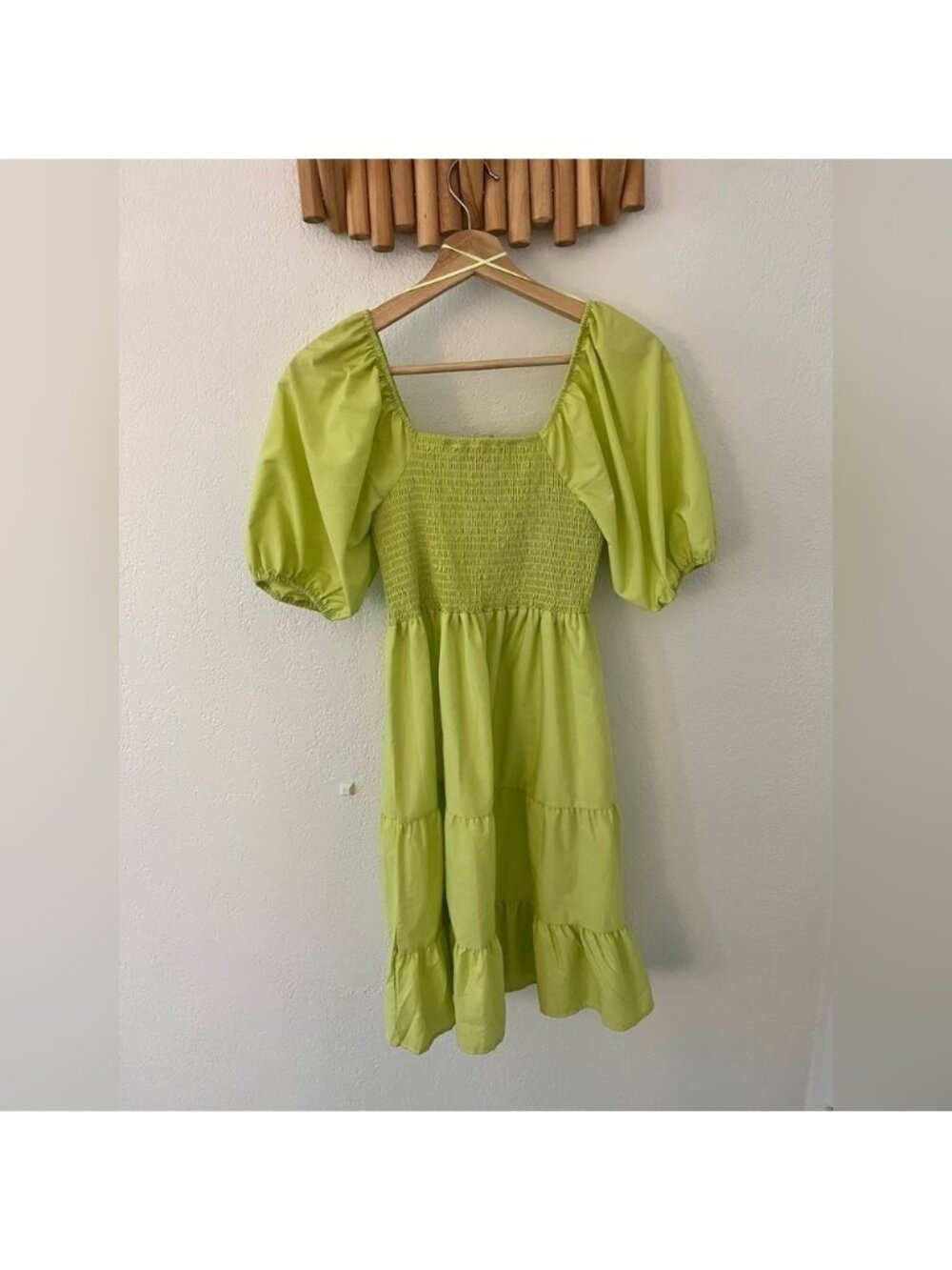 Lark + Grey Green Puff Sleeve Shirred Dress Midi